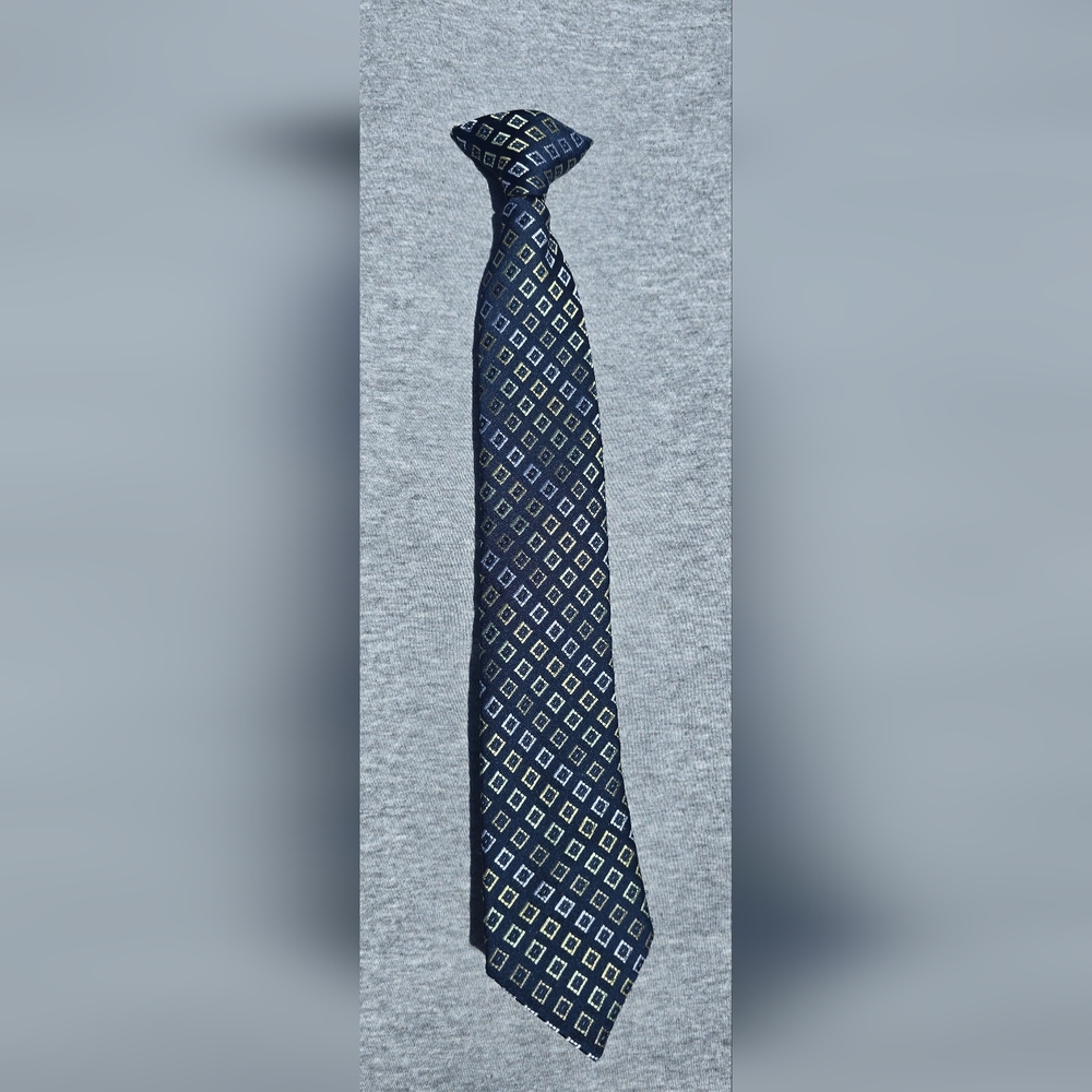 Boy's George Navy Clip On Tie w/ Yellow and Gold Diamond Pattern